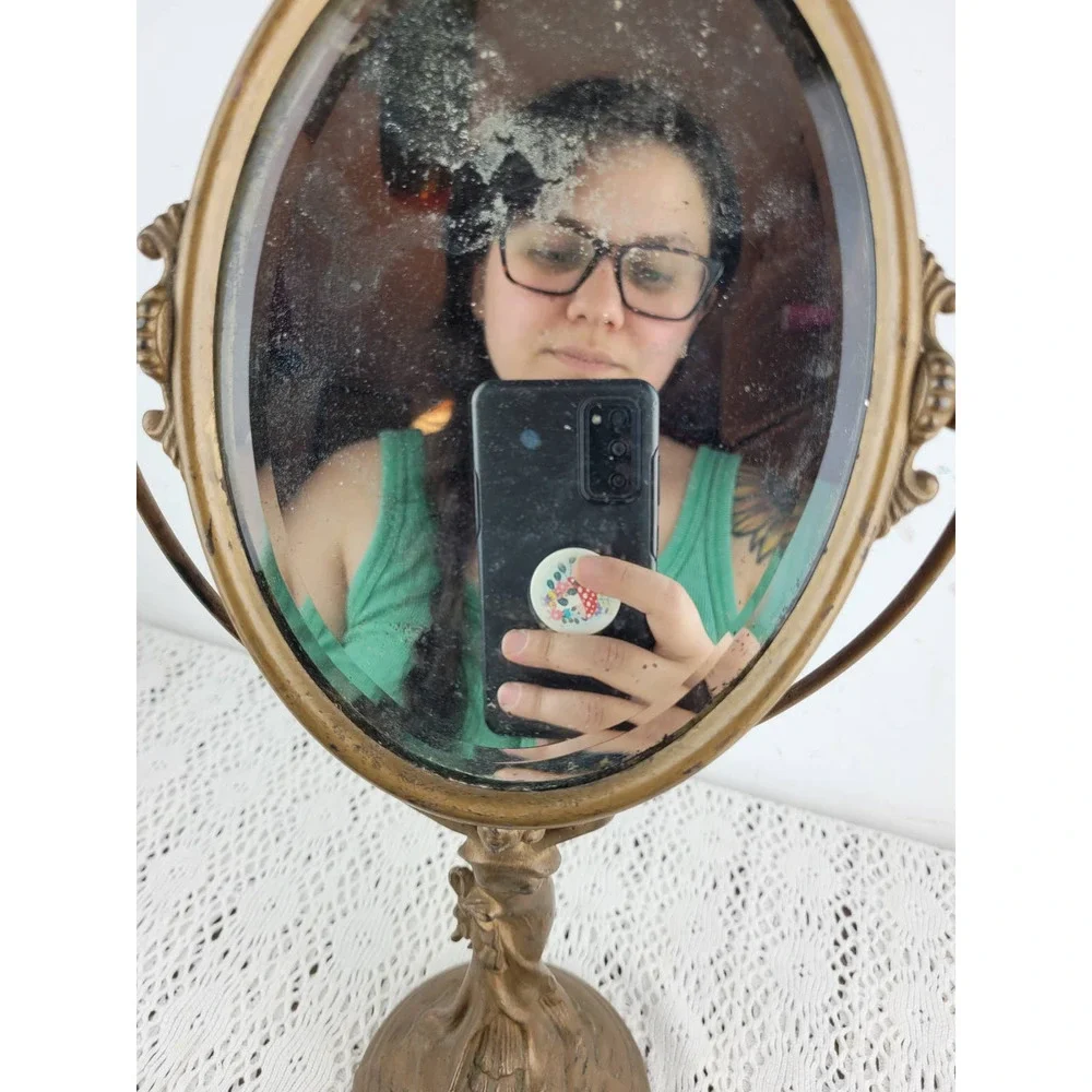 Antique 1910s Art Nouveau Woman Cast Iron or Bronze Vanity Lady Holding Mirror